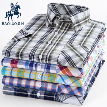 保羅男士短袖格子襯衫純棉休閑夏季免燙上衣中青年全棉半袖男襯衣