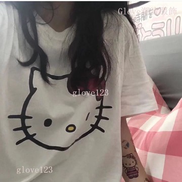 【可愛卡通】HelloKitty 上衣 短袖 短袖上衣 上衣短袖 後背蝴蝶結印花 T恤 女 寬鬆 學生 夏季 日牌上衣