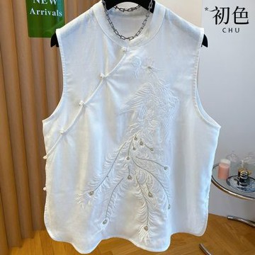 初色 新中式純色刺繡圓領無袖盤扣寬鬆背心上衣女上衣-共2色-13742(M-2XL可選)