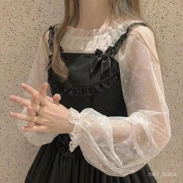 P3-【限時特賣】打底衫 雪紡衫 網紗上衣 夏天衣服 超僊氣甜美日係軟妹荷葉邊長袖蕾絲衫Lolita洛麗塔內搭打底衫女夏