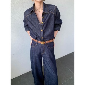 JWUNIQUE酒窩深藍色牛仔套裝女2025秋季長袖翻領上衣闊腿褲兩件套