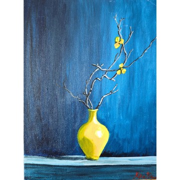 黃色花瓶中的樹枝極簡主義花朵原創裱框藝術 作者 RinaArtSK
