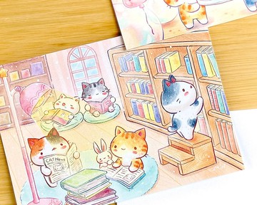 秘密貓-世界閱讀日 水彩風插畫明信片