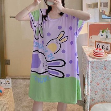 [韓國K.W.]韓國空運熱情摯愛休閒家居洋裝(棉/棉麻/莫代爾/小香風)睡衣三隻兔(紫色)