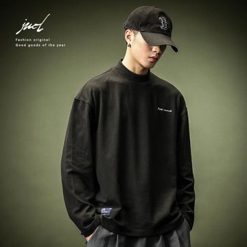 奧絨半高領衛衣男士長袖T恤春秋新款潮流休閑運動寬松疊穿打底衫