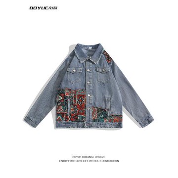 BOYUE帛躍民族風拼接外套港風復古毛邊工裝潮設計感男女牛仔夾克