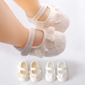 新生嬰兒蕾絲花邊防滑地板鞋韓版公主鞋女寶寶超萌百天軟底步前鞋