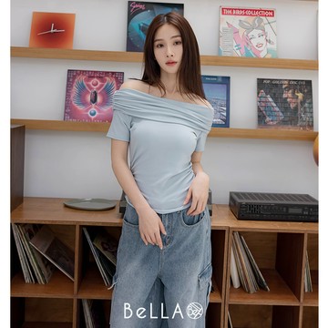 【初夏新品】BeLLA 一字領棉質上衣 藍色