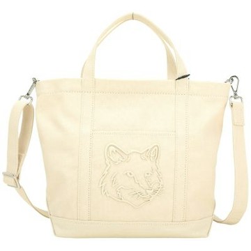 MAISON KITSUNE 小型 狐狸輪廓立體刺繡手提/肩斜背帆布托特包(米白)