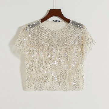 亮片圓領木耳邊T恤衫夏季新款網紗寬松休閑女套頭打底衫上衣A/1-3