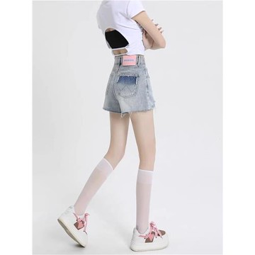 Canary Kiss牛仔短褲女2025夏季薄款高腰顯瘦破洞毛邊a字闊腿熱褲