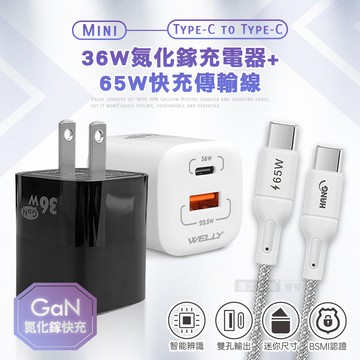 【WELLY】【超速組合】36W氮化鎵GaN PPS雙孔迷你充電器+65W Type-C to Type-C 傳輸充電線(2M)