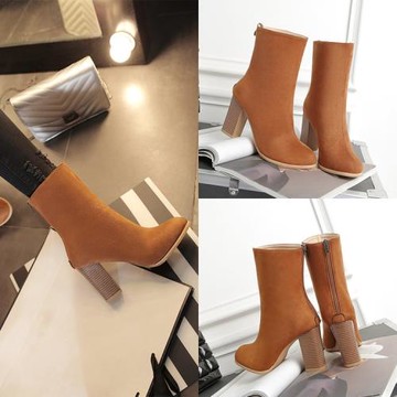 百搭粗跟拉鏈絨面防水臺中靴