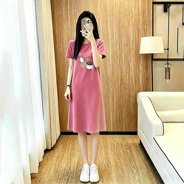 100kg韓版大碼寬松T恤睡裙女夏季寬松遮肉顯瘦可外穿休閑長款連衣長裙