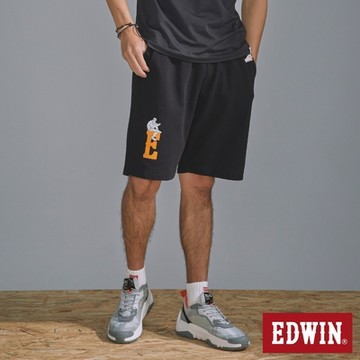 EDWIN 男裝 橘標 E君大LOGO印花棉休閒短褲-黑色