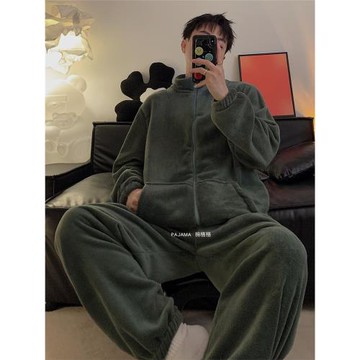 情侶睡衣女秋冬季珊瑚絨加厚加絨休閑純色可外穿男士家居服套裝