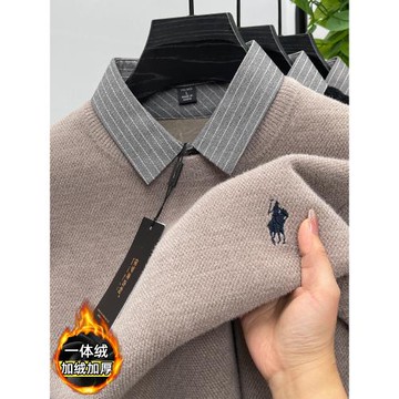 高端保羅假兩件襯衫領加絨加厚毛衣男一體絨冬季雪尼爾針織打底衫