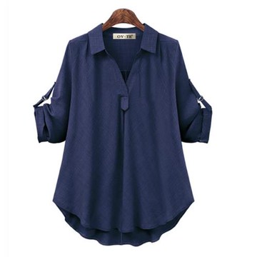 歐美街頭春夏季女裝新款雙色面料襯衫大碼寬松顯瘦中長款百搭上衣