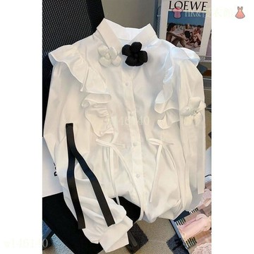 【法式別緻高級感】荷葉邊花朵長袖襯衫 女 春 季 寬鬆 宮廷風 外套 上衣 上衣女 長袖襯衫女 襯衫 輕熟風 衣服 sh