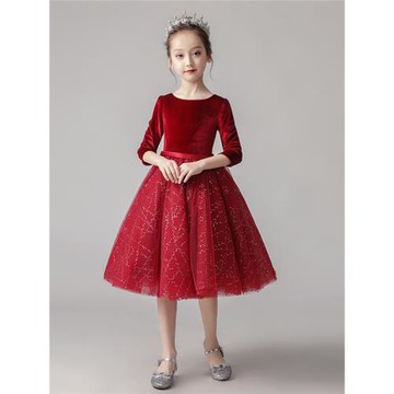 兒童高端晚禮服酒紅色絲絨長袖公主蓬蓬裙鋼琴演出女花童裝主持人