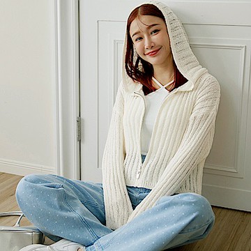 短版坑條薄針織連帽外套-OB大尺碼