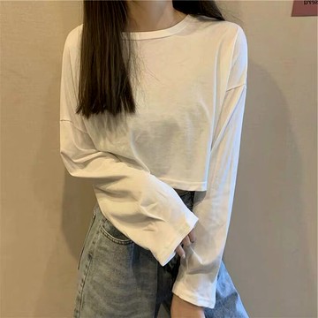 ins超火短款T恤女春秋內搭高腰長袖打底衫韓版潮辣妹風露臍上衣服