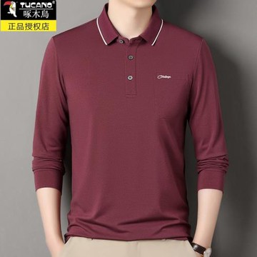 啄木鳥春秋中年男士長袖t恤翻領純棉中老年人POLO衫爸爸上衣紅色5