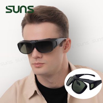 【SUNS】頂規上翻式偏光太陽眼鏡 砂黑框墨綠片 墨鏡 抗UV400/可套鏡/防眩光/遮陽/眼鏡族首選