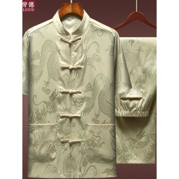 唐裝男士冰絲短袖套裝老人爺爺夏天衣服中國風男裝中老年爸爸夏裝