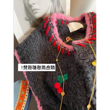 2025冬裝重工櫻桃時髦拼接撞色針織開衫外套女顯瘦粉灰韓國毛衣