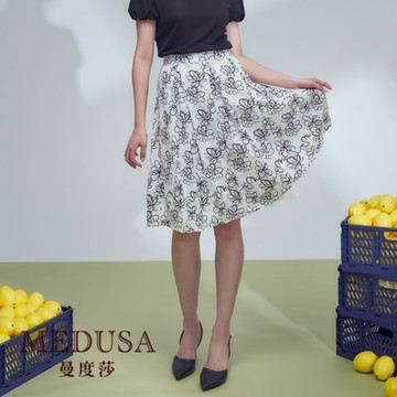 現貨【MEDUSA 曼度莎】黑色花朵箱褶短裙（M-XL）｜女短裙 中長裙