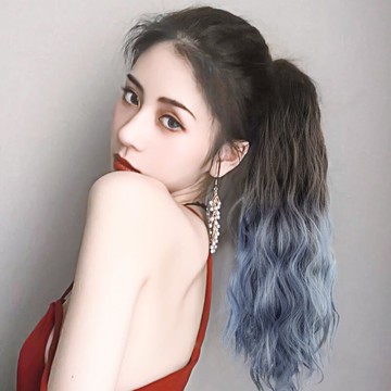假發女馬尾挑染漸變霧霾藍彩色蓬松長卷發大波浪高馬尾抓夾假辮子