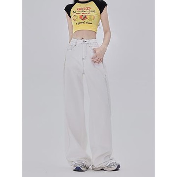 白色休閑牛仔褲女2025春夏新款chic日系慵懶風高腰顯瘦垂感闊腿褲
