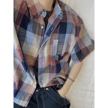 dannyandzee夏季復古百搭寬松彩色格子毛邊做舊襯衣男短袖襯衫INS