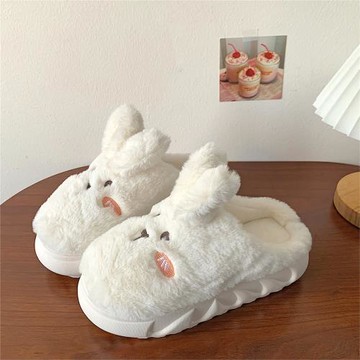 可愛兔子厚底棉拖鞋女ins冬季保暖防滑2025新款室內增高毛毛拖鞋