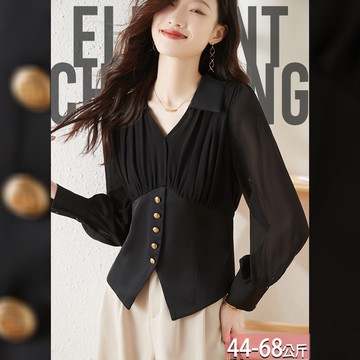 翻V領抓皺排釦上衣(2色) M-2XL【466484X】【現+預】☆流行前線☆