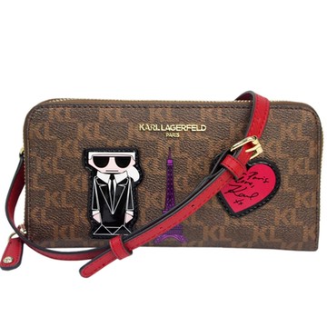 KARL LAGERFELD 卡爾滿版KL立體老佛爺人像&愛心圖案拉鍊長夾斜背包(咖)