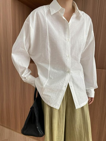 ID:firely667法式不規則設計感??收腰淺色襯衫