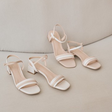 全真皮雙色細帶方頭繫帶粗跟涼鞋