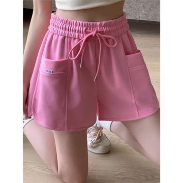 粉色運動短褲女2025新款夏款高腰百搭顯瘦寬松休閑a字闊腿五分褲