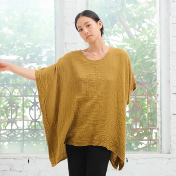 落肩五分袖上衣 / 雙層紗 芥黃