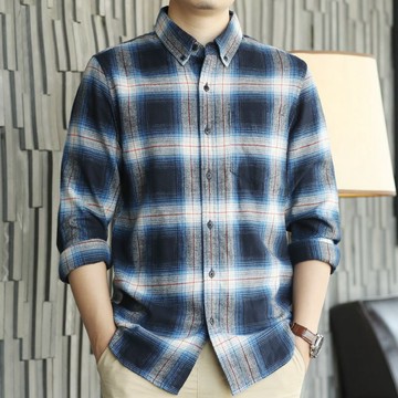 限時優惠 休閒商務衫衣外套 法蘭王春秋格子襯衫男長袖純棉寬鬆港風青年休閒商務襯衣外套寸衫