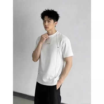 拼接設計感圓領T恤男夏季潮流刺繡落肩短袖百搭休閒透氣上衣