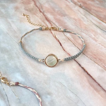 白彩 鮑貝殼蠟繩雙色編織手鍊 灰藍色