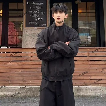 黑色教練夾克男款春秋穿搭2026年高級感防風衝鋒衣外套美式棒球服長袖 寬鬆 防風 外套