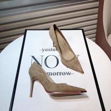 卡其色高跟鞋女2025新款細跟氣質名媛絨面淺口尖頭單鞋通勤工作鞋