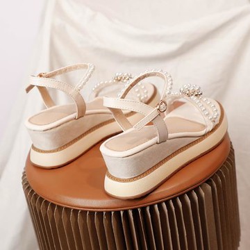 涼鞋女2025年新款夏季高跟中跟時裝仙女風羅馬一字帶坡跟松糕厚底