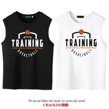 純棉運動t恤印花寬松無袖背心坎肩籃球服美式投籃訓練服健身跑步