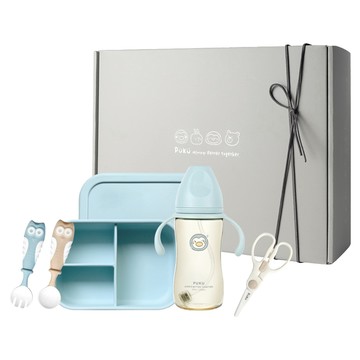 PUKU 藍色企鵝 飽飽午茶副食品入門禮盒 P11539-299 寬口PPSU練習奶瓶 + 陶瓷食物剪 + 分隔矽膠餐盒 + 學習湯叉組  靜藍色  寬口PPSU練習奶瓶 + 陶瓷食物剪 + 分隔矽膠餐盒 + 學習湯叉  1組