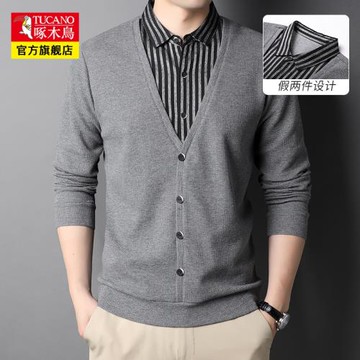 啄木鳥男士假兩件針織衫秋季新款時尚休閑襯衫領百搭套頭毛衣男潮